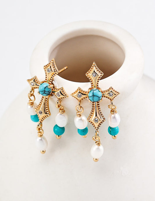 Earrings S925 Silver 18K Gold-Plated Natural Pearl Turquoise Zircon Handmade Gemstone Jewelry