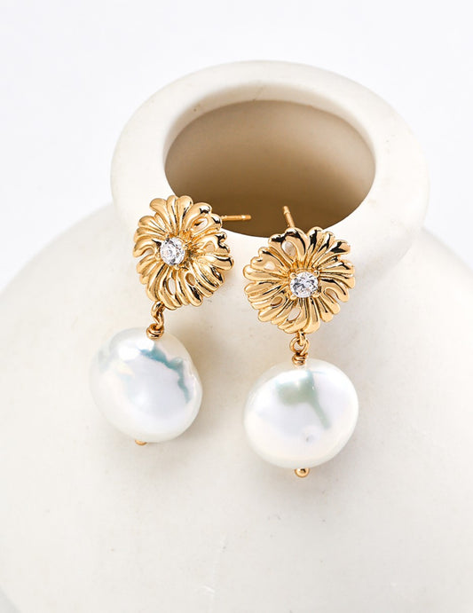 Earrings S925 Silver 18K Gold-Plated Natural Pearl Zircon Gemstone Handmade Jewelry
