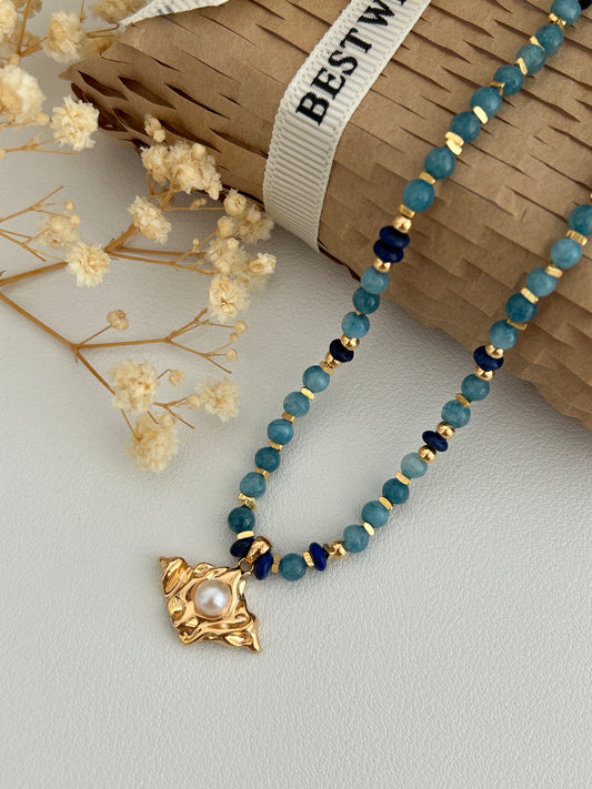 Necklace S925 Silver 18K Gold-Plated Natural Pearl Lapis-Lazuli Gemstone Handmade Jewelry